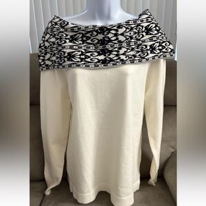 Anne Klein Ivory Black Sweater Blouse Off The Shoulder Long Sleeved Stretch NEW